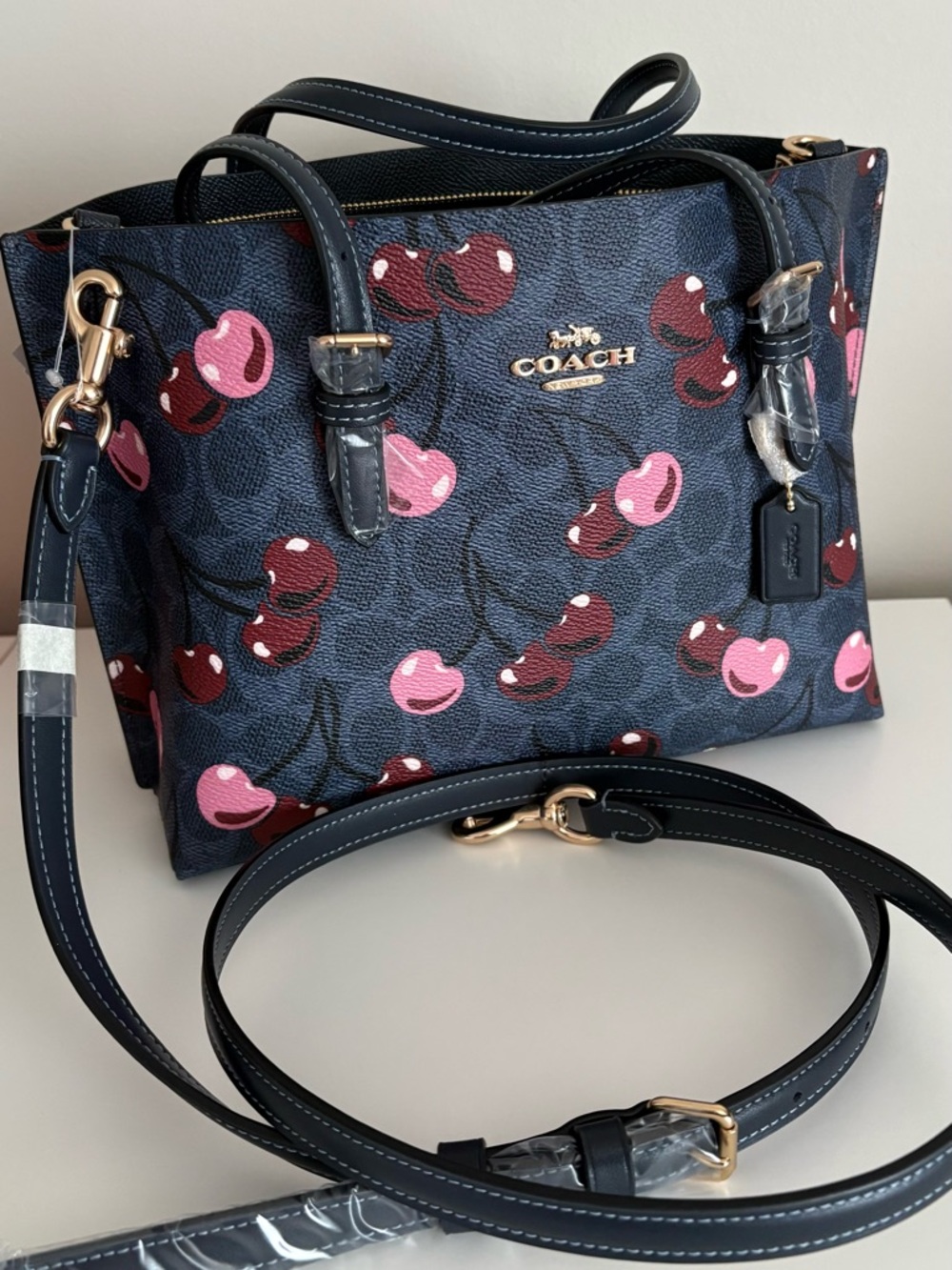 NEW Coach Navy Cherry-Print Mini Satchel with Pink Accents authentic